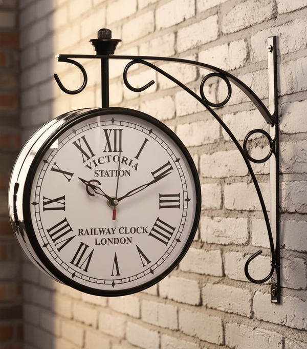 Victoria Vintage Antique London Station Double Sided Metal Wall Clock  – Timeless Elegance for Every Space