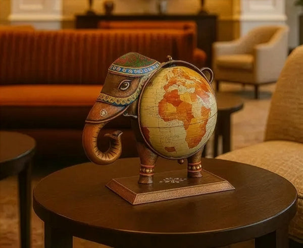 Handcrafted Elephant Globe Décor | Vintage World Map Showpiece for Home &amp; Office